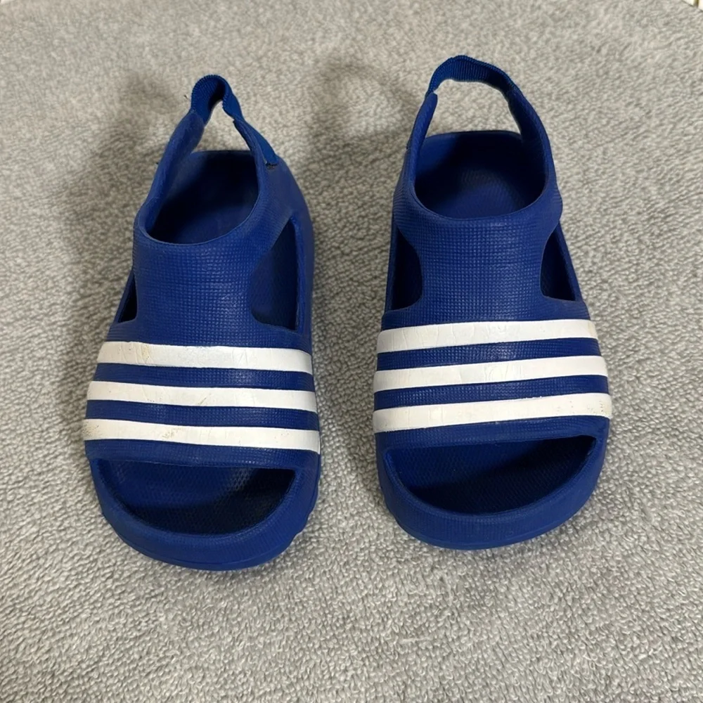 Adidas Kids Blue Sandals size baby size 3 slip on white strips‎